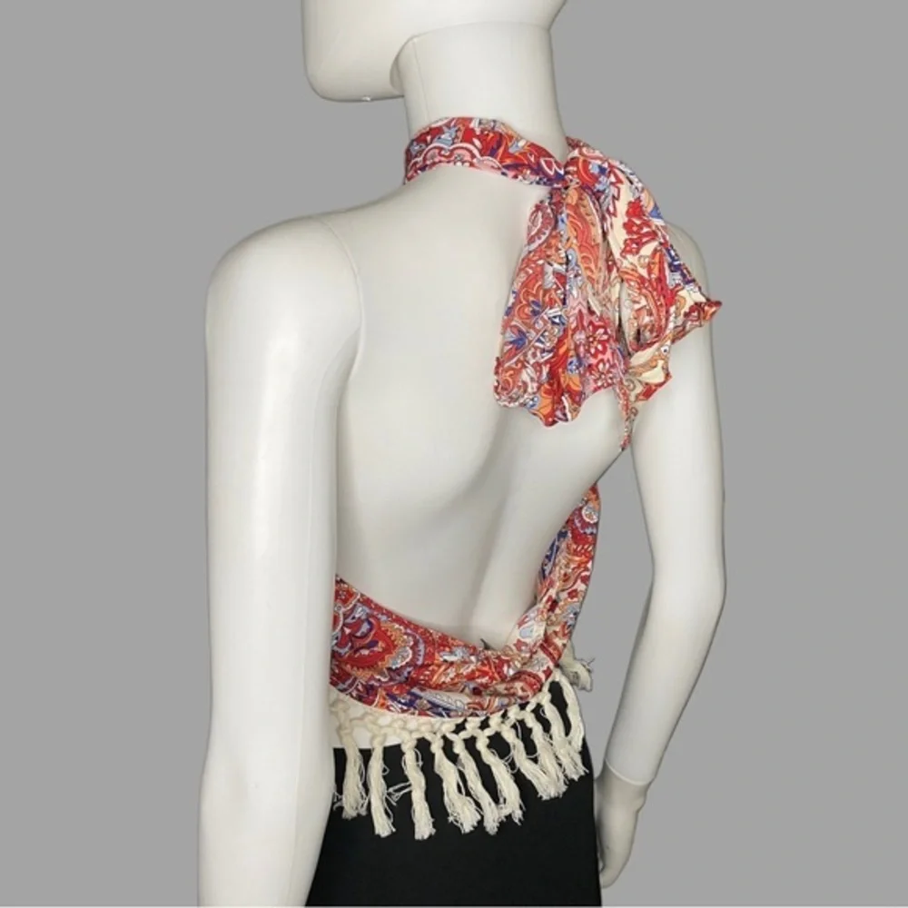 SHEIN‎ Bohemian Paisley Print Neck Tie With Tassels Blouse